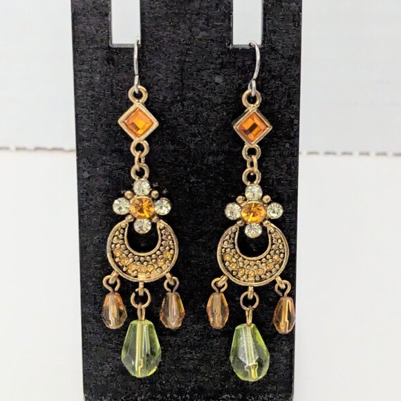 Vintage Jewels by Park Lane Gold Tone w/ green/orange crystal- like earrings - Picture 2 of 4